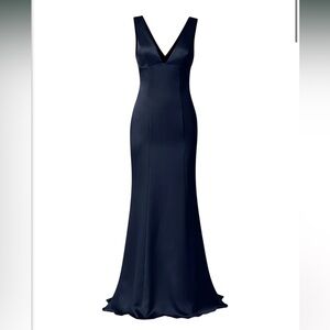 Amsale Long Bridesmaid Dress Leif in Fluid Satin Navy